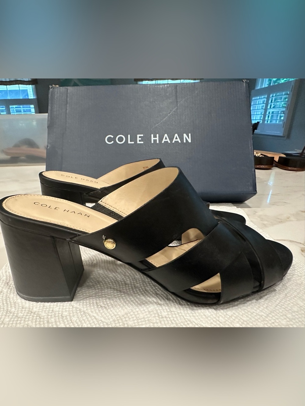 Cole Haan Black Leather Crisscross Block Heel Mules - Picture 3 of 6